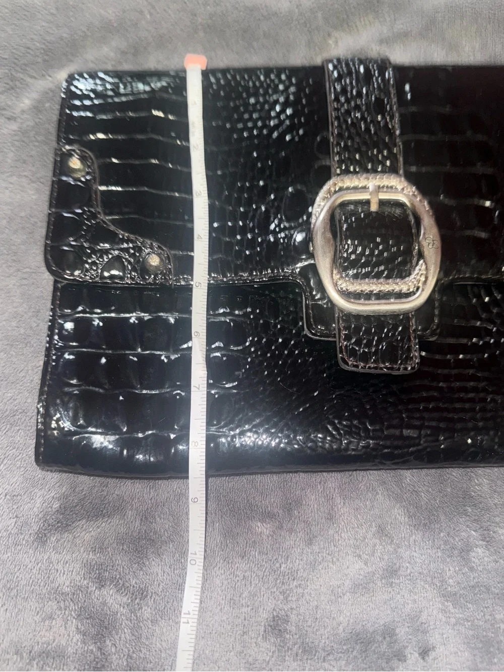 Jessica Simpson Black Patent Leather Croc-Embossed Buckle Clutch Large